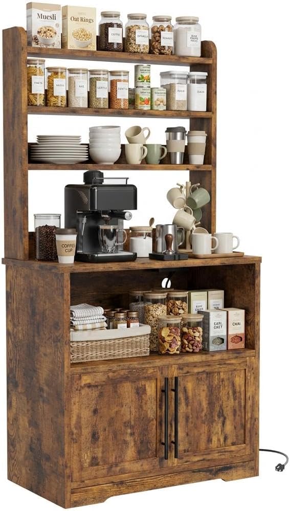 63" Kitchen Bakers Rack with Power Outlet, Coffee Bar Cabinet