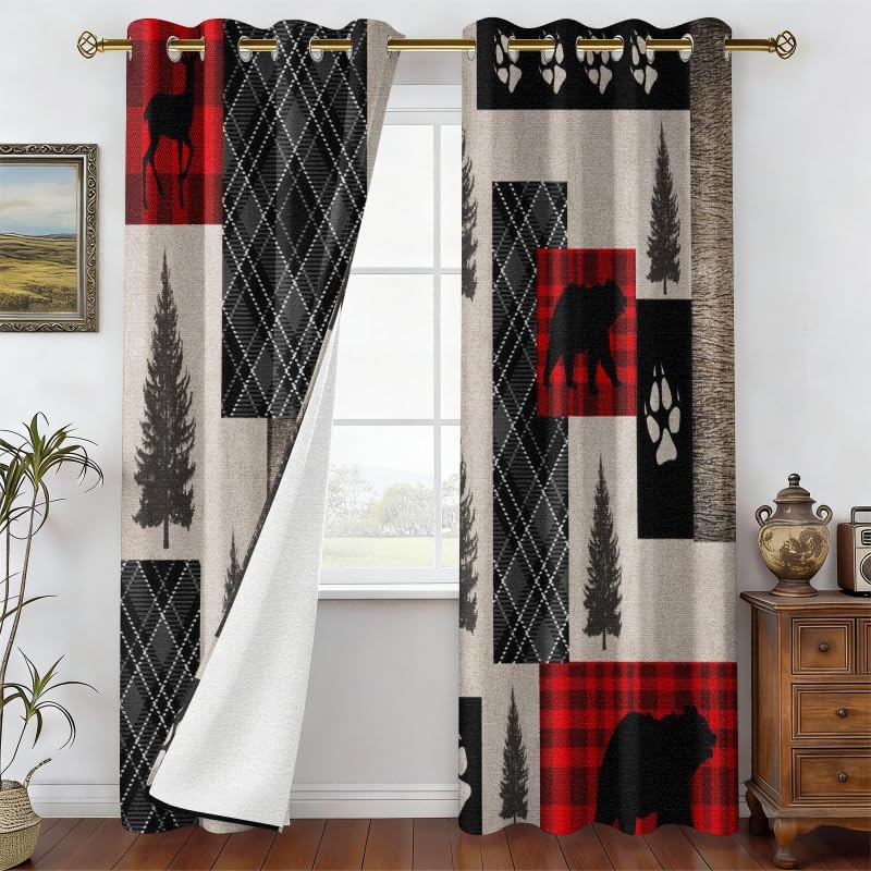 Rustic Woodland Blackout Curtains 108 Inch Long 2 Panels, Buffalo Plaid Patchwork Wildlife Bear Deer Silhouette Pine Grommet Drapes, Thermal Insulated Window Treatments for Living Room