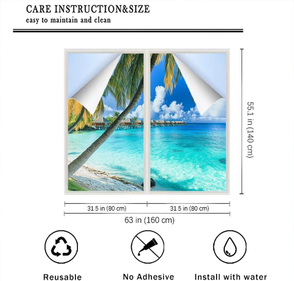 Beautiful Ocean Scenery Window Privacy Film 31.5Wx55.1L inch x 2pcs