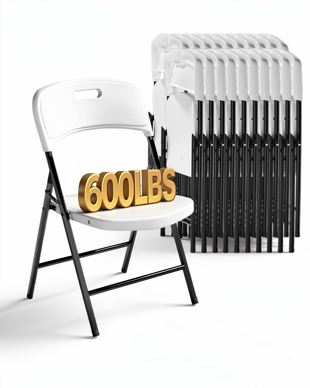 Folding Chairs, 600lbs Capacity, Heavy-Duty Commercial Stackable Plastic Foldable Chairs for Indoor/Outside, Office, Kitchen, Party, Patio(White, 4 Pack)