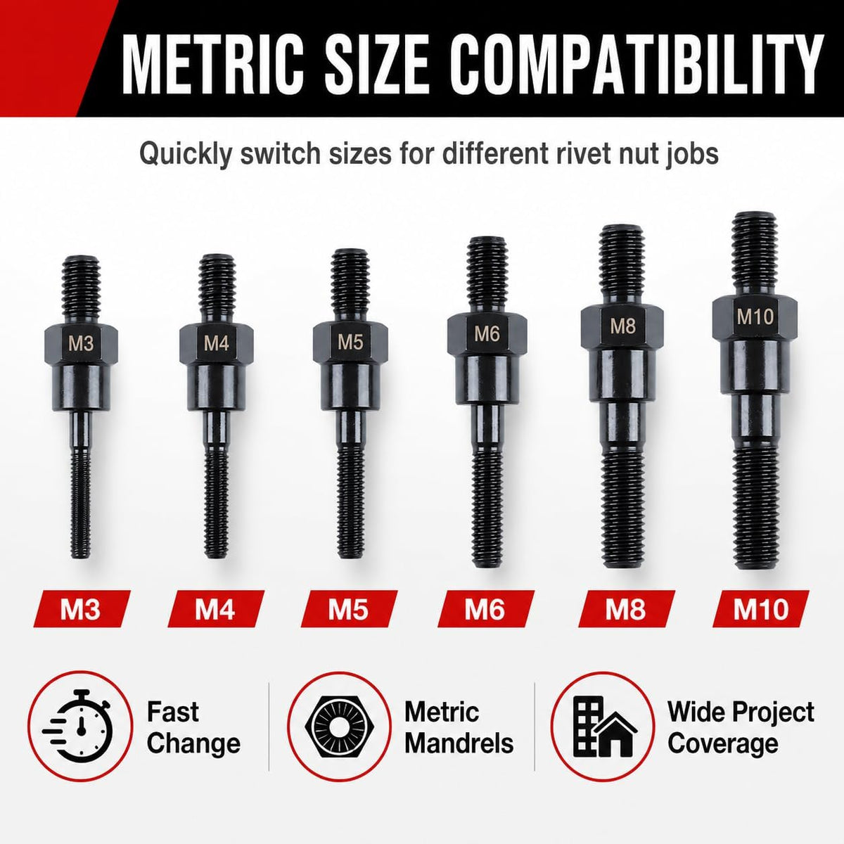 Upgrade M3-M8/M10 Electric Rivet Gun Adapter Kit, Rivet Nut Tool for Cordless Drill, Quick Change Nutsert Setter with Metric Mandrels, Carrying Case for Automotive Metalworking DIY (a-2pcs)