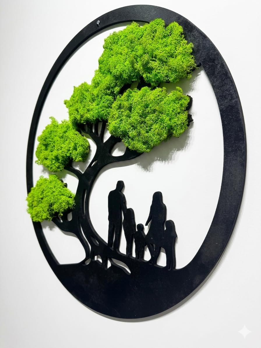 Family Tree Moss Wall Art - 24" Preserved Reindeer Moss Wooden Circle Frame