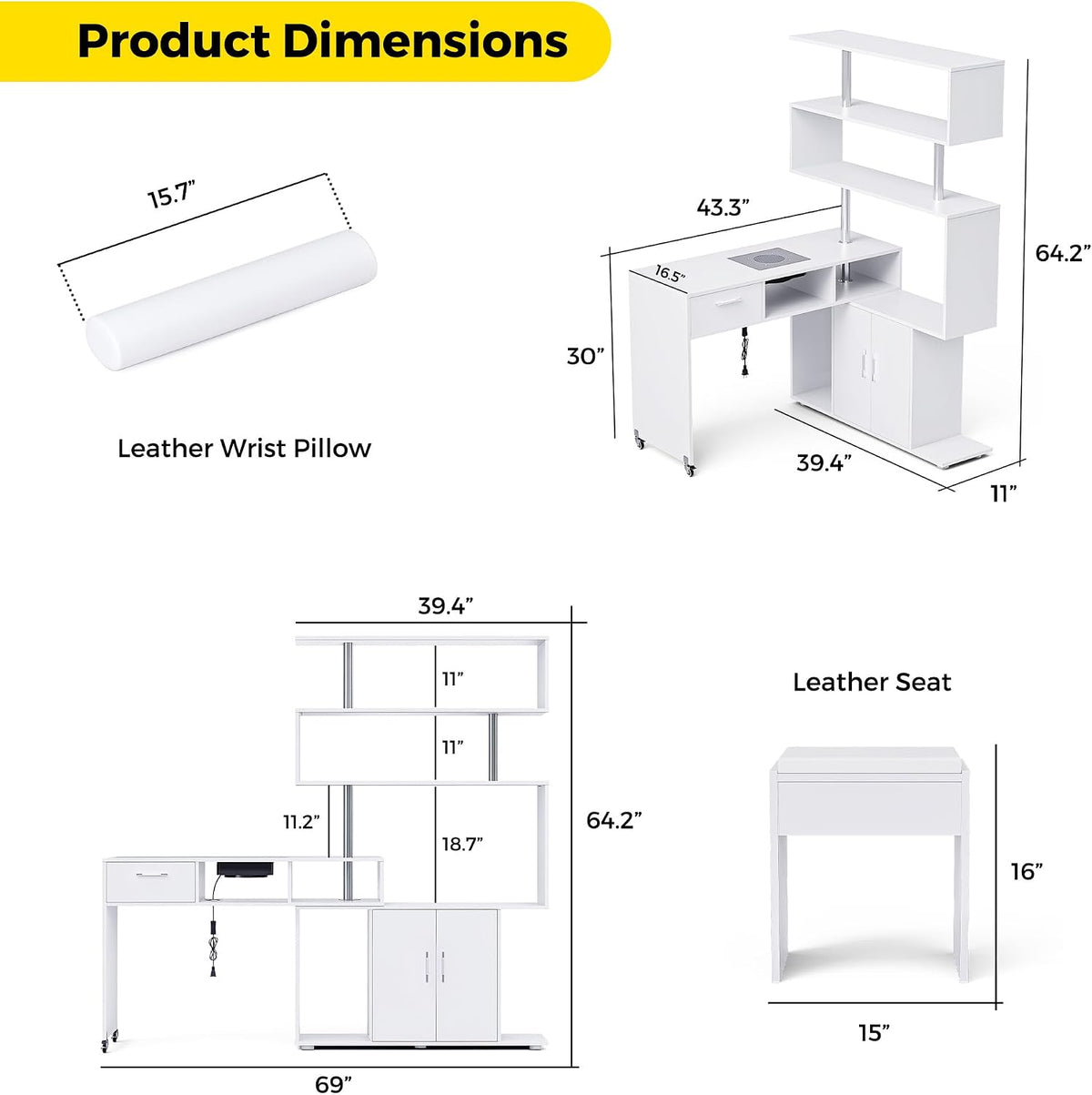 Kikihouse Manicure Table with Dust Collector, L-Shaped Nail Desk with Stool