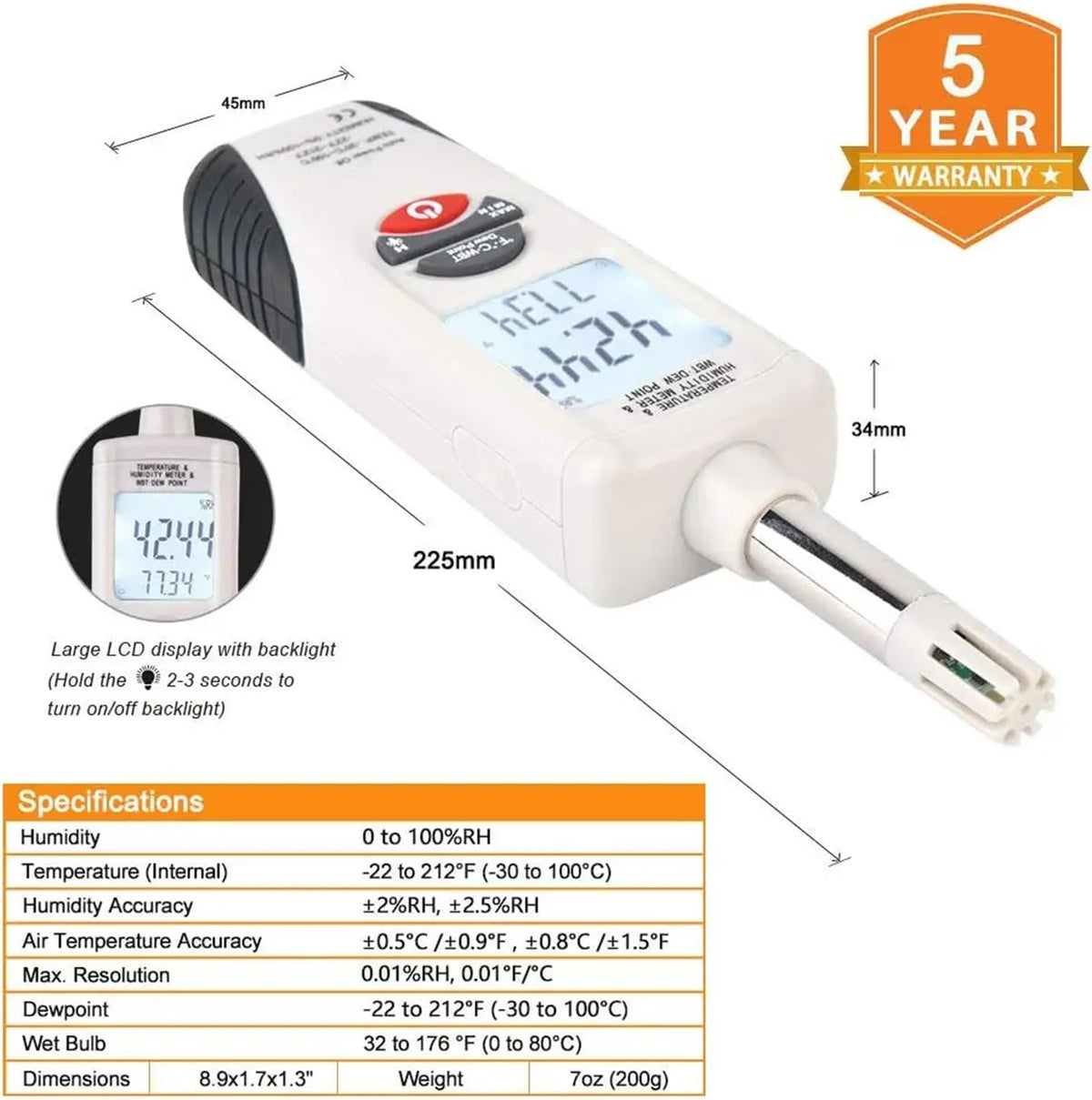Moisture Meter, Handheld Digital Humidity Temperature Meter With Dew Point And Wet Bulb Temperature, Dual Display Temperature & Humidity
