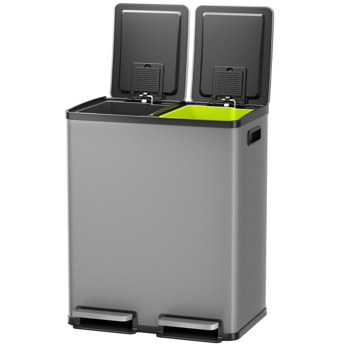 NEWBULIG 16 Gallon Dual Compartment Kitchen Trash Can, Stainless Steel, 60L