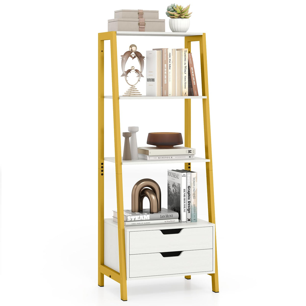 GIANTEX 4-Tier Bookshelf with 2 Drawers Set of 2, Modern Ladder Bookshelf w/Storage, Sturdy Metal Frame, Anti-toppling Devices, Display Standing Shelf Unit, Freestanding Bookcase, White & Gold
