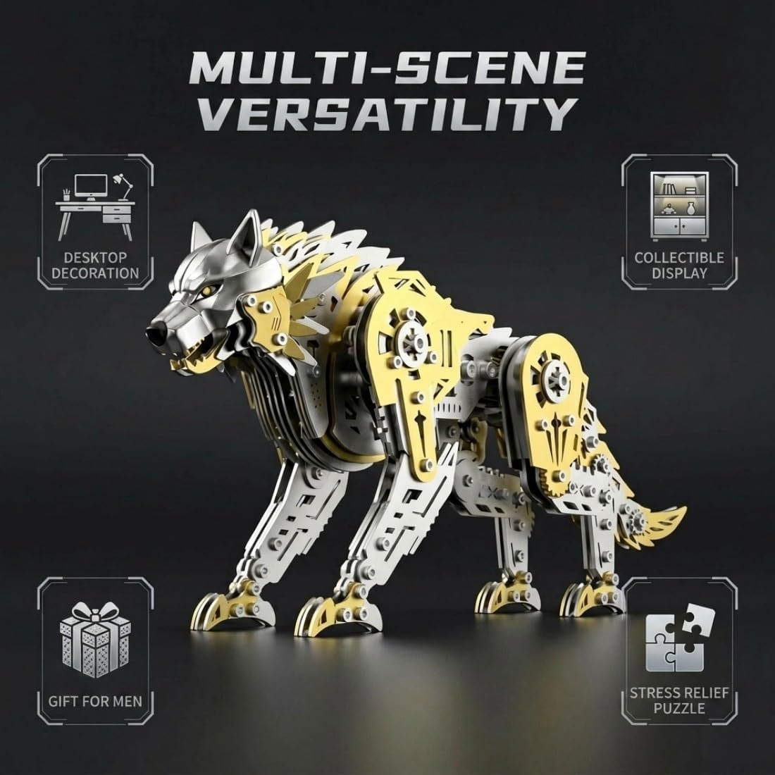 3D Metal Puzzle Wolf Model Kit, 384PCS DIY Steampunk Mechanical Battle Wolf with Movable Joints, Creative Handcrafted Metal Art Craft Desktop Display & Decoration for Adults