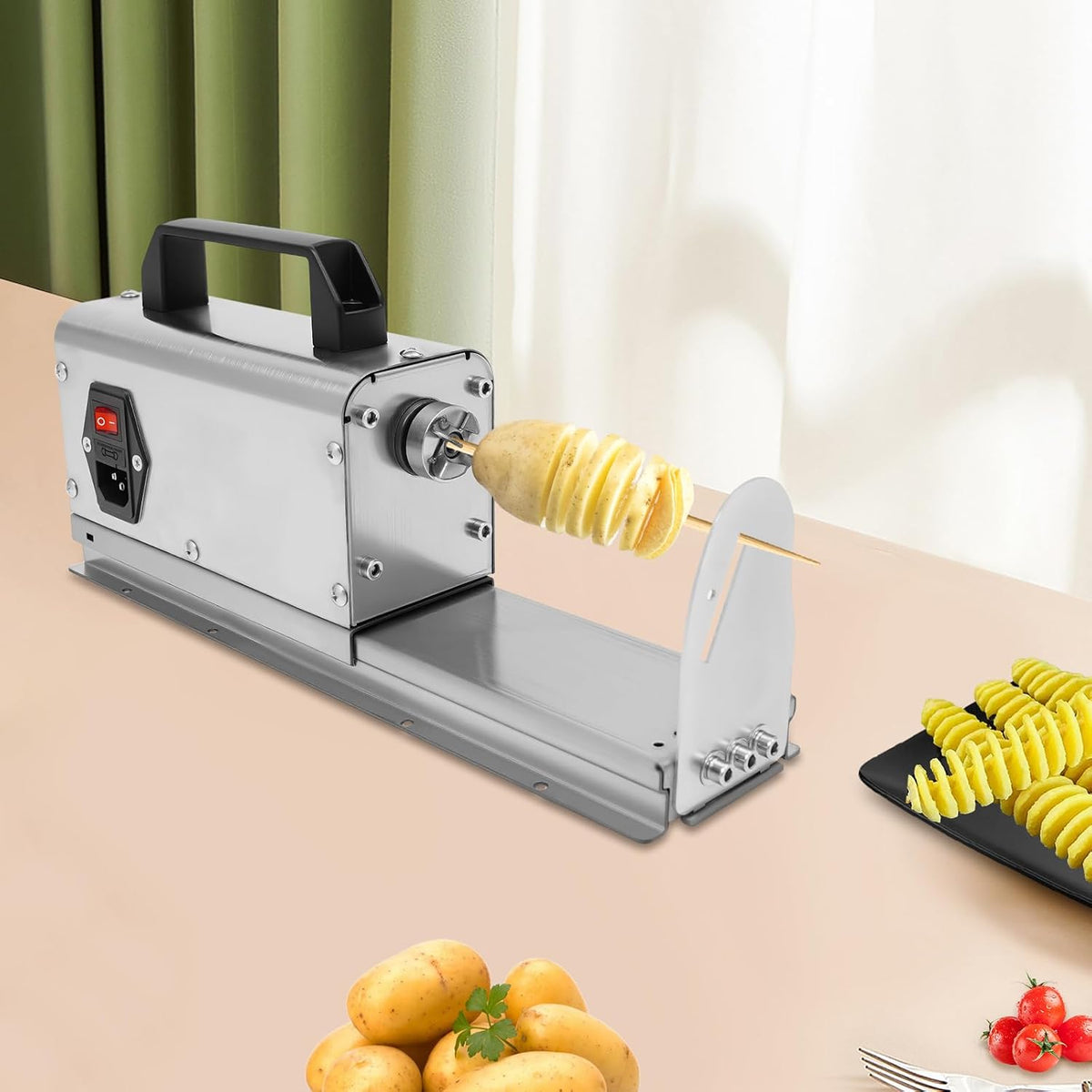3-in-1 Electric Potato Spiral Cutter Machine - Commercial Curly Fry & Tornado Potato Maker, 40W Heavy Duty Stainless Steel for Restaurant Home Use (110V)