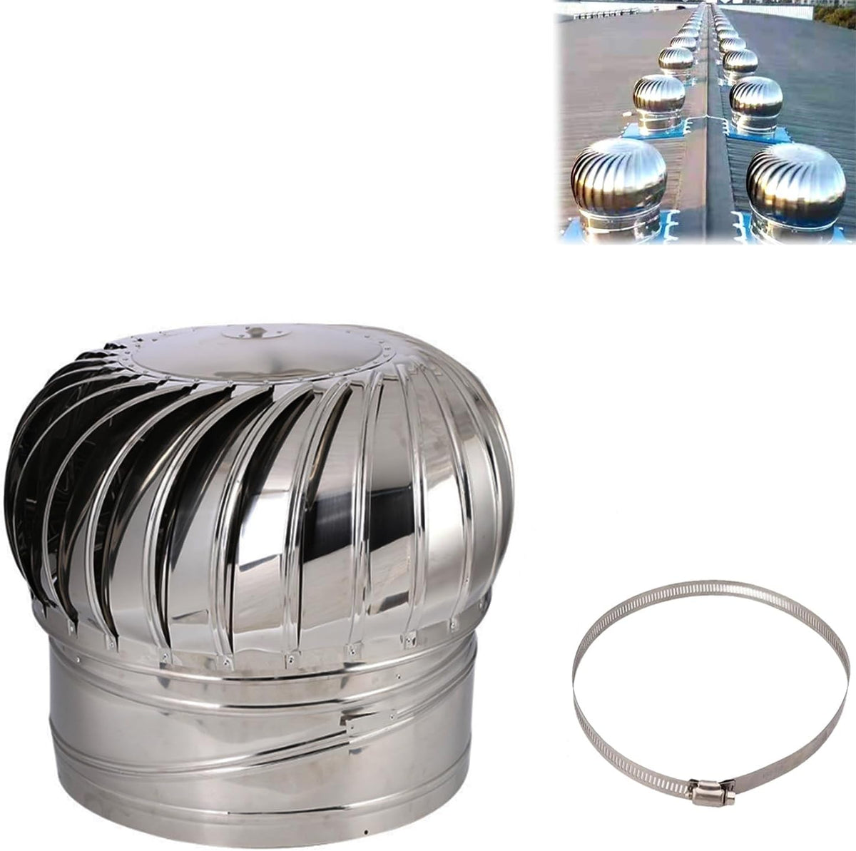 Chimney Rotating Ventilator Cap,Turbine Ventilator,304 Stainless Steel with Clamp Rotating Chimney Cowl Cap Fits Most Standard Chimney Pots Improves Indoor Air & Ventilation ,Silver,400mm/15.7in