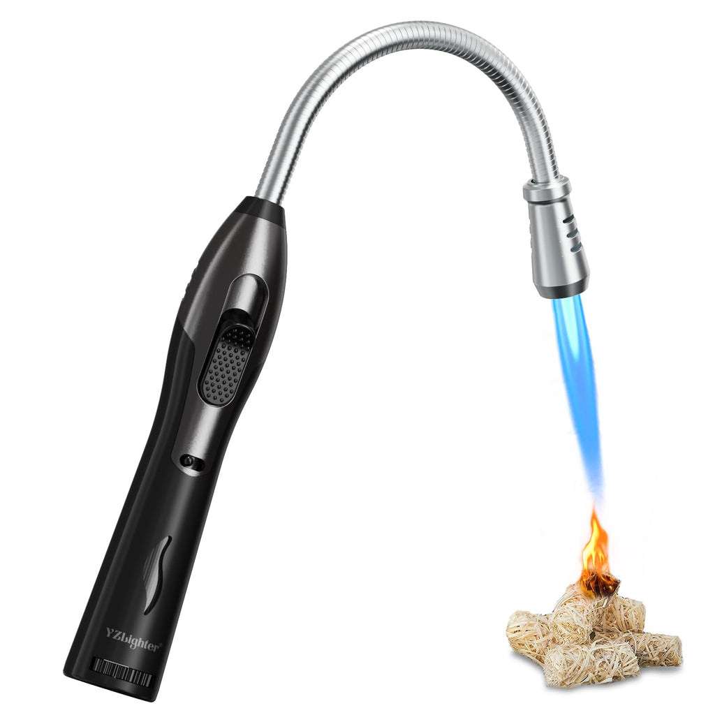 Butane Lighter Torch Long Lighter Refillable Lighter Windproof with Visual Fuel Window Flexible Extra Long Torch Lighter for Fireplace Candles (No Butane Included) (Black + Orange, 2 Pack)