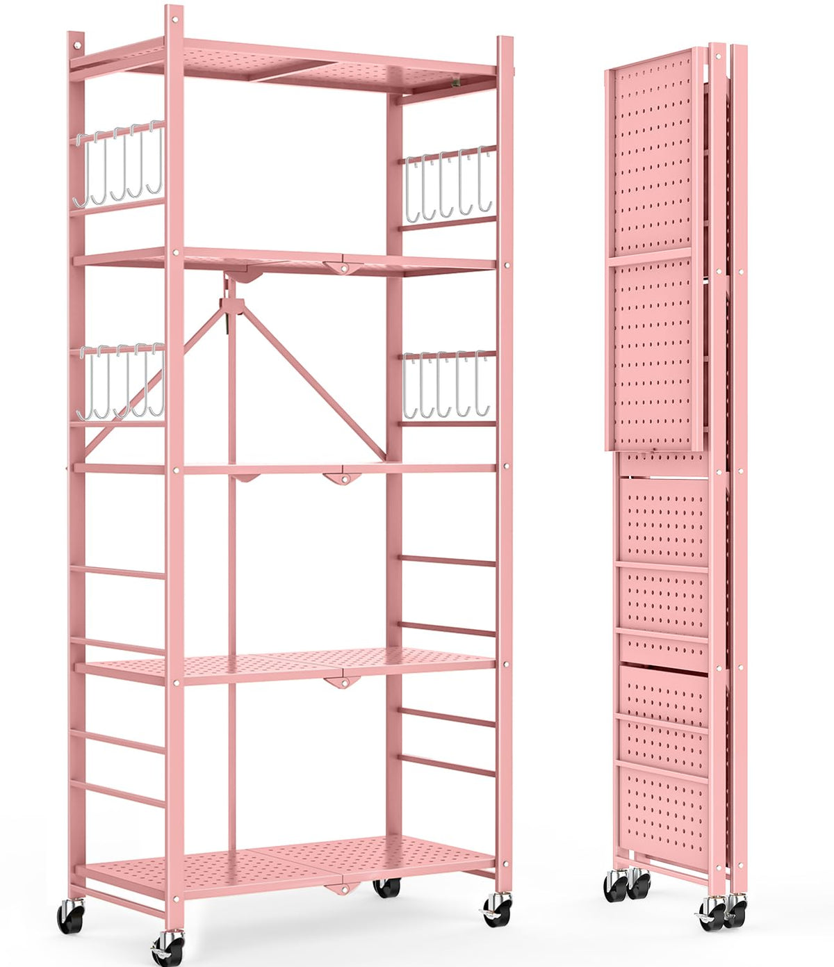 Himix 5-Tier Foldable Storage Shelves with 20 Hooks Wheels Kitchen Black