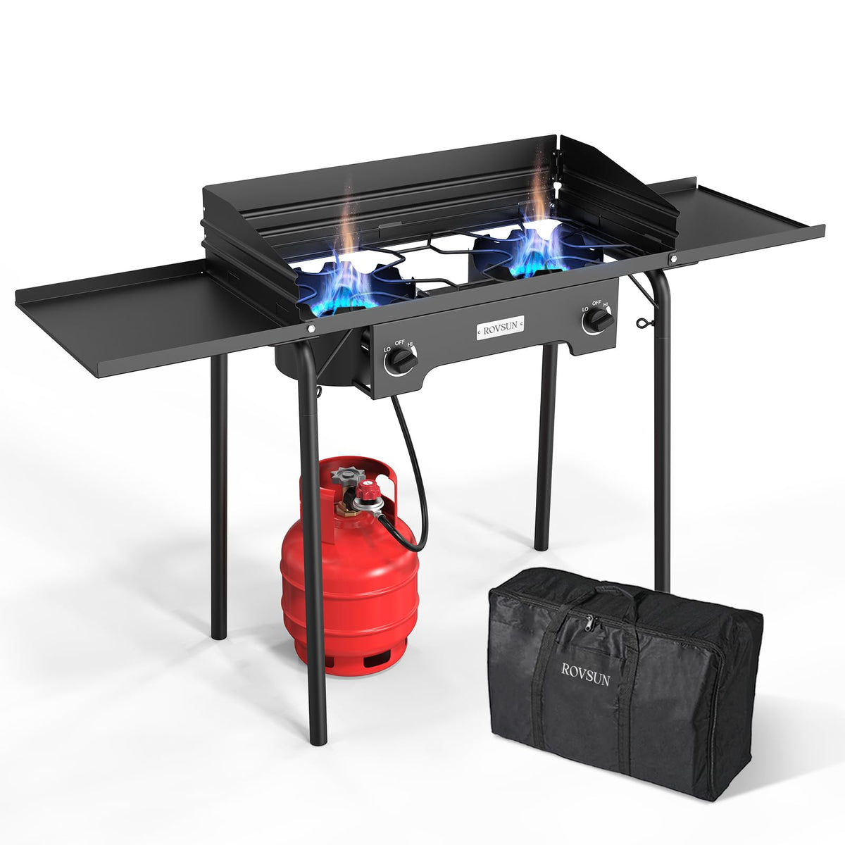 ROVSUN 2 Burner Outdoor Propane Gas Stove with Adjustable Regulator, 150,000 BTU High Pressure Stand Cooker for Backyard Cooking Camping Home Brewing Canning Turkey Frying