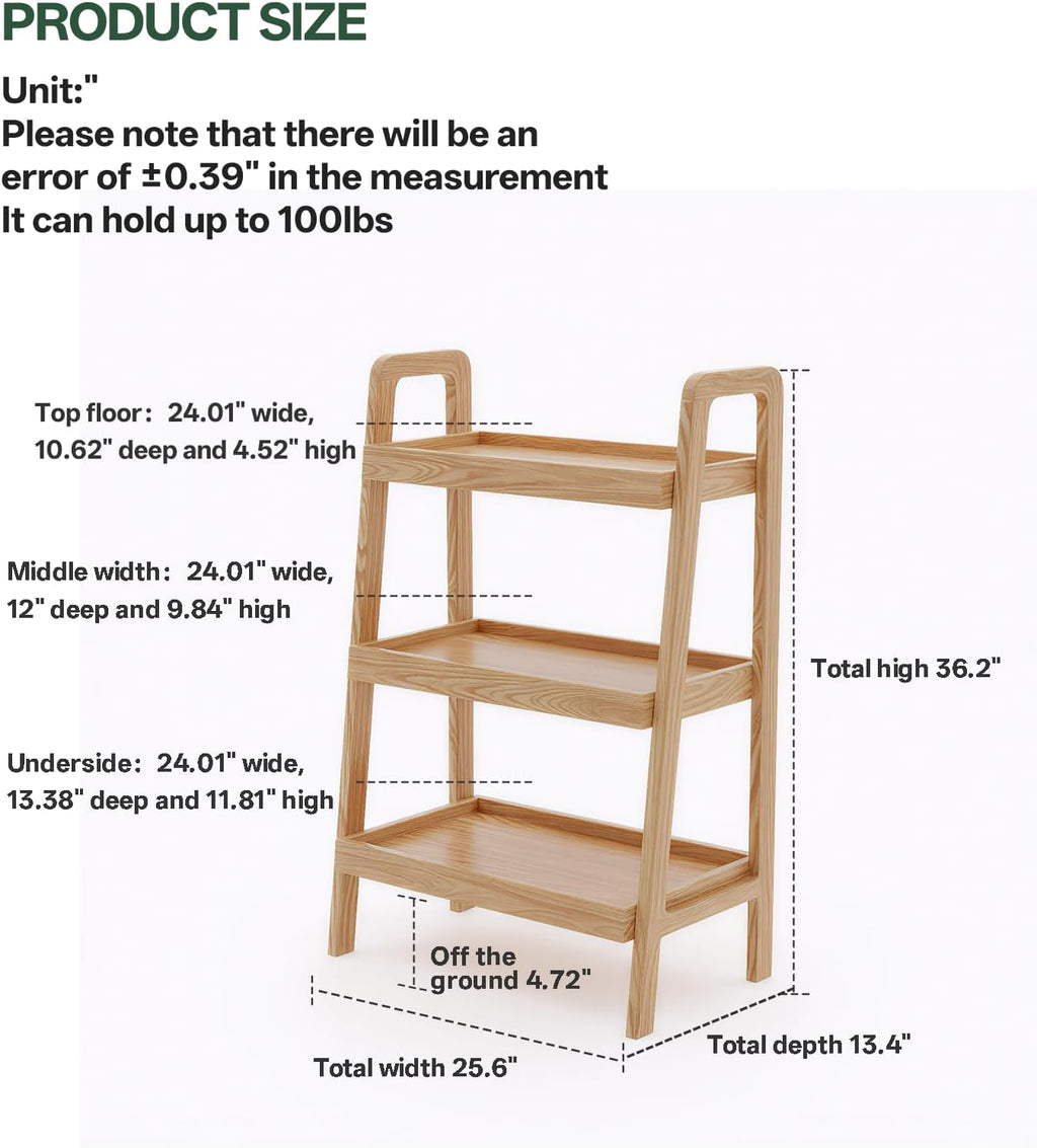 100% Solid Oak 3 Tier Ladder Shelf for Saving Space, Small Bookshelf with Stable Frame, Free Standing Ladder Shelves for Living Room Bedroom Couch, (Natural, 25.6" W x 13.4" L x 36.2" H)