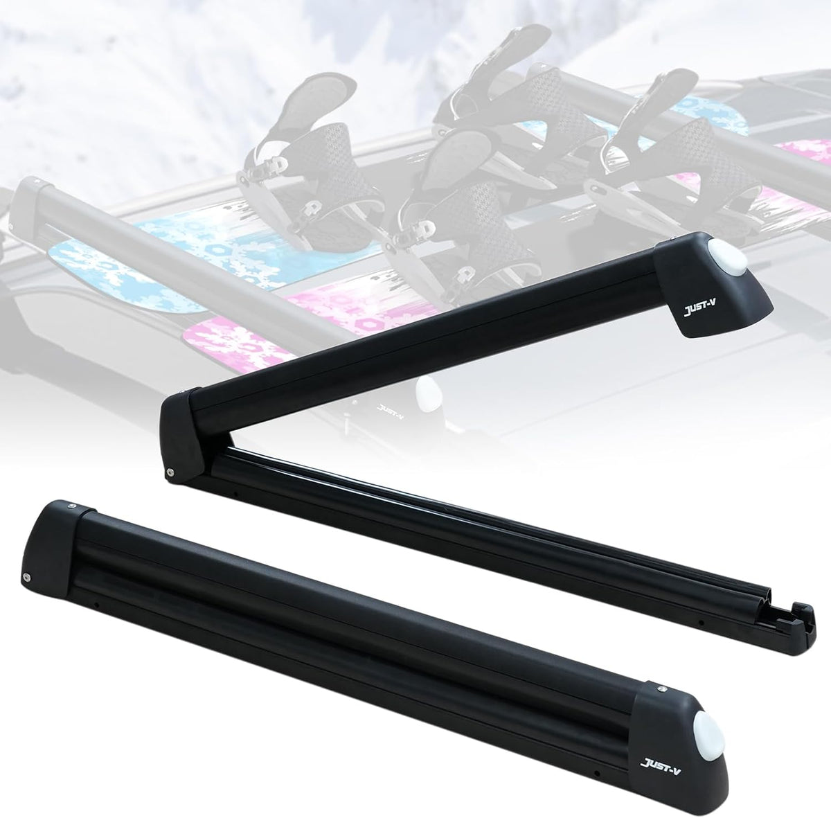 Just-V 33'' Aluminum Universal Ski Roof Rack Car Rack Carrier for Skis, Snowboards, Fishing Rods, Skateboards Easy to Use, Locking Fit Most Vehicles Equipped Crossbar (Black)