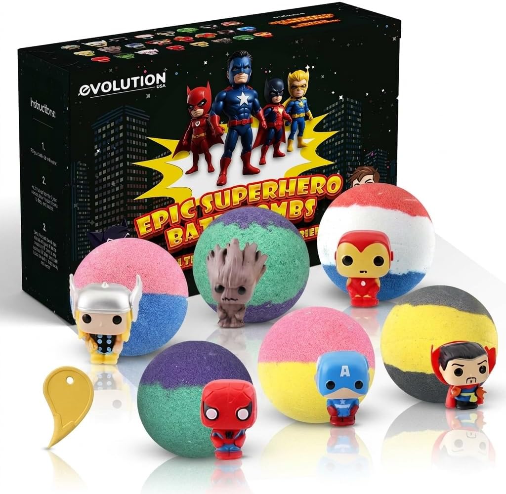 EvolutionUSA Black Epic Superhero Bath Bombs for Kids, 6 Super Hero Bath Bombs with Toy Inside Bathbombs, Organic Bathbomb with Surprise Inside, Bath Balls, Fizzy Superhero Bath Ball