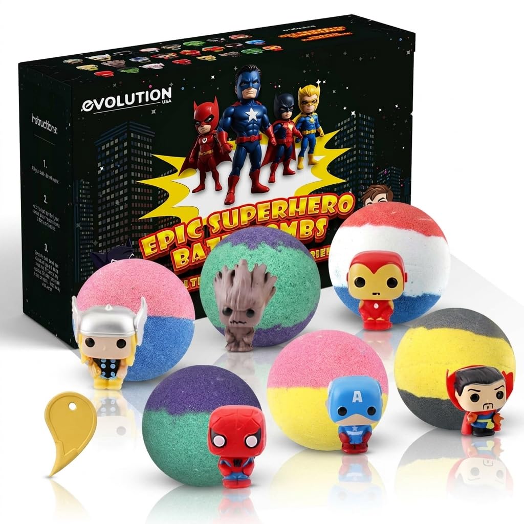 EvolutionUSA Black Epic Superhero Bath Bombs for Kids, 6 Super Hero Bath Bombs with Toy Inside Bathbombs, Organic Bathbomb with Surprise Inside, Bath Balls, Fizzy Superhero Bath Ball