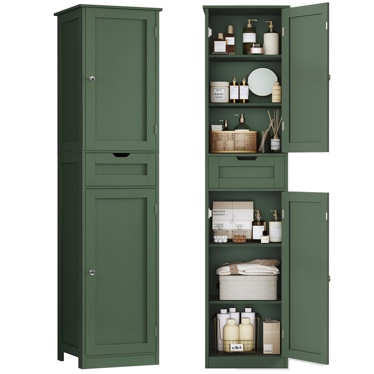 TEENFON Storage Cabinet, Pantry Cabinet with 2 Adjustable Shelves & Large Drawer, Kitchen Pantry Cabinet with 4 Doors, Bathroom Storage Cabinets, for Living Room, White