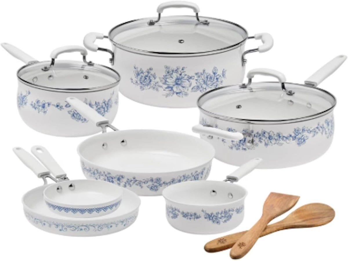 Pioneer Woman Style Agatha 12-Piece Aluminum & Ceramic Classic Cookware Set Blue