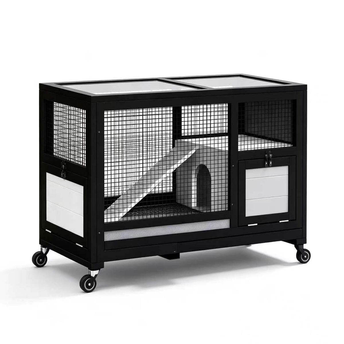 Rabbit Hutch 58" Rabbit Cage Outdoor&Indoor 2-Story Chicken Coop Guinea Pig Cage on Wheels Bunny Cage with 3 Deep No Leakage Pull Out Tray,Waterproof Roof (Black)