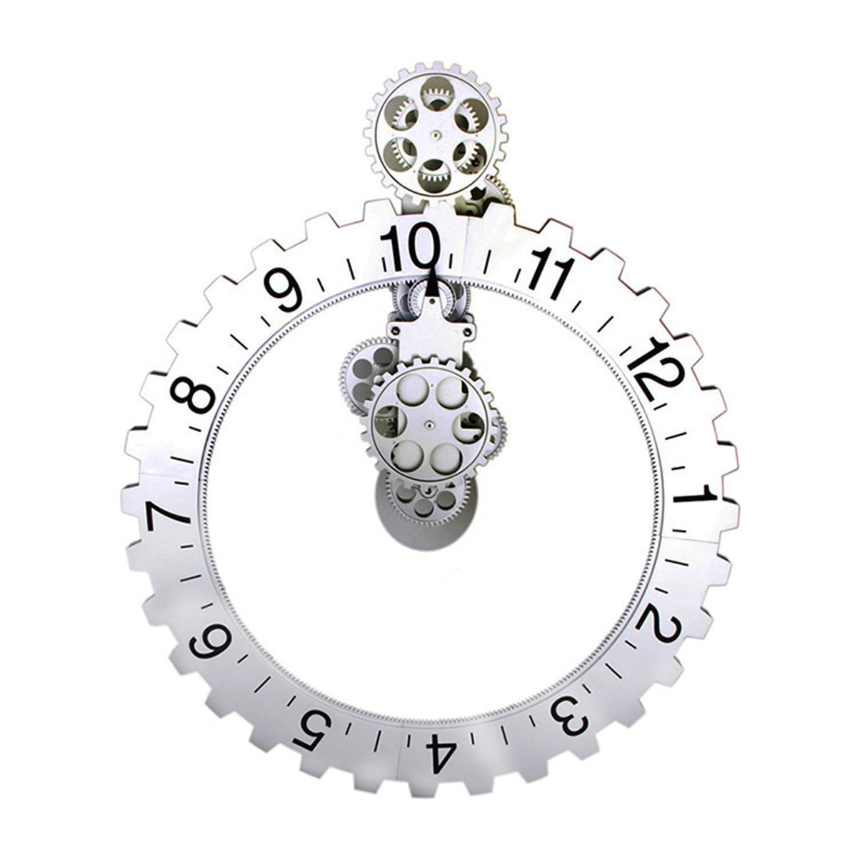 Modern Industrial Gear Desk Clock, 10.6-Inch Silver Metal, Decorative Mechanical Design with Moving Gears, for Living Room and Office Decor (Silver Gear Rotating Clock)