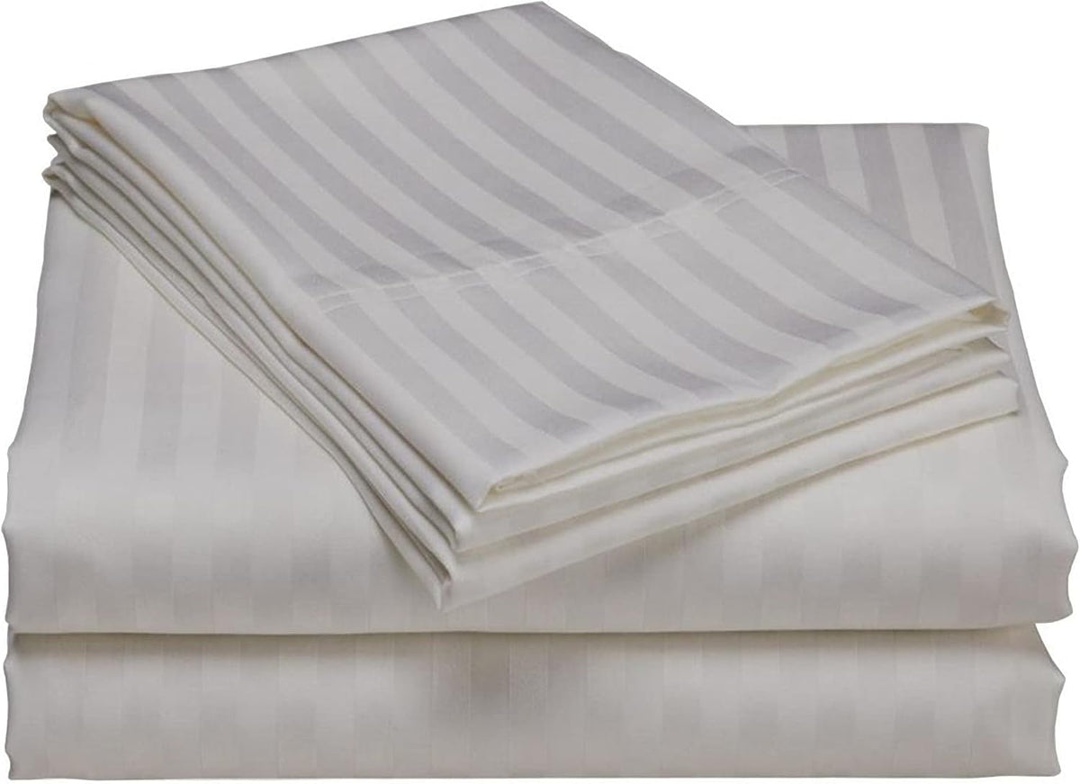 USA Short Queen Sheet Set in Light Grey Stripe 400 Thread-Count 100% Egyptian Long Staple Cotton, Sateen Weave for Soft and Silky Feel, Breathable 4-Piece Bedsheet, Elasticized 24'' Extra Deep Pocket