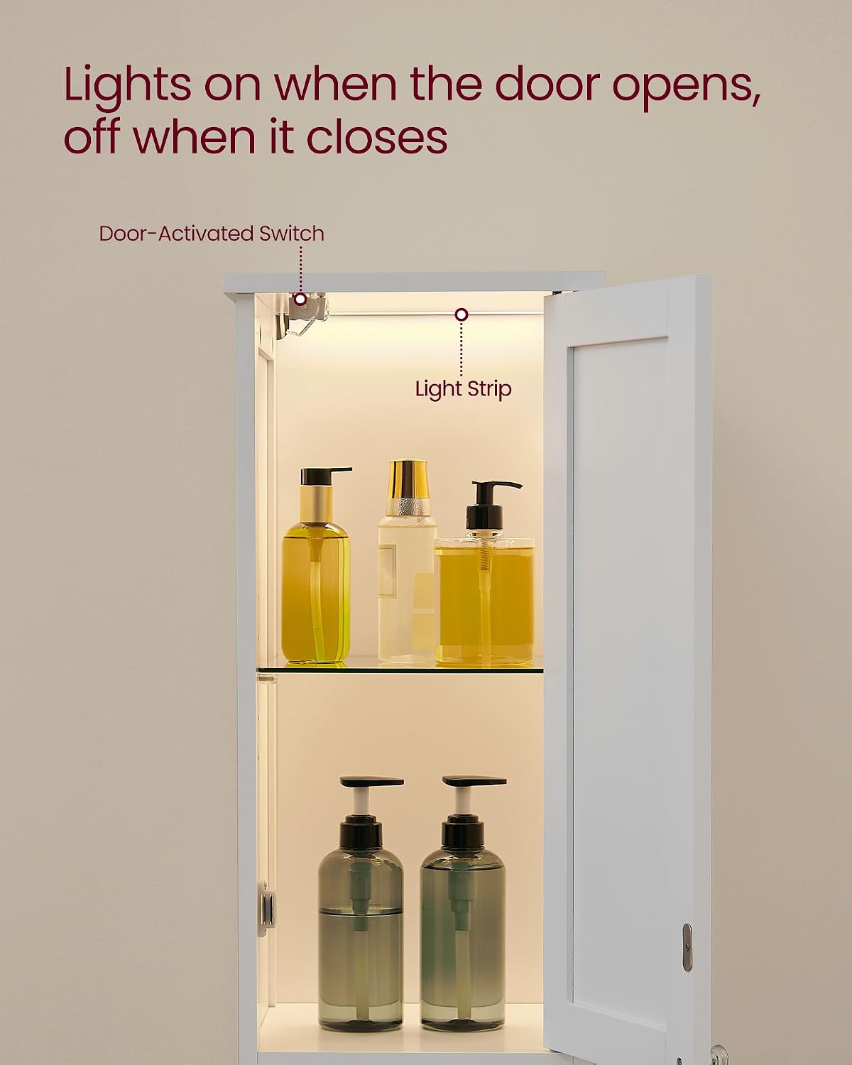 VASAGLE Tall Storage Cabinet with Lights, Slim, 11.8" W, Cloud White