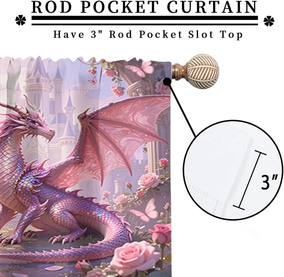 Dreamy Pink Wildlife Dragon Curtains-Fantasy Medieval Castle Rod Pocket Back Tab Window Drapes,Mythological Dragon Floral Roses Thermal Insulated Blackout Curtain,2pcs,Each 52“W x 96”L