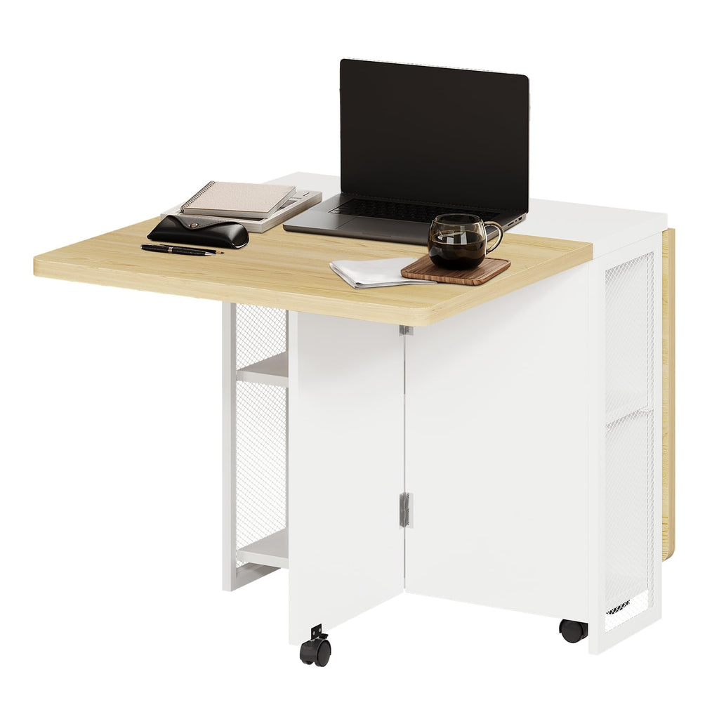 IDEALHOUSE FoldingTable, Drop Leaf Dining Table with 6 Wheels and 2-Layer Storage Shelf, Space Saving Table for Small Spaces (Natural Wood, 50.1" D x 31.4" W x 29.5" H)