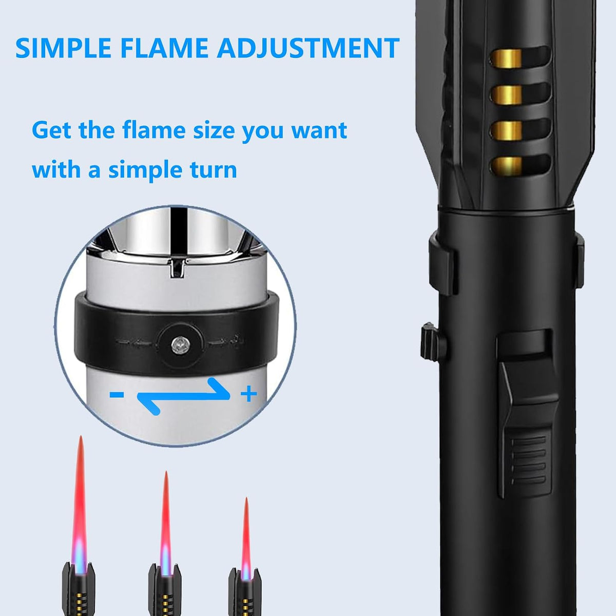 Torch Lighter 2 Pack Red+Blue Straight Flame Long Torch Lighter Bright Fire Butane Refillable Windproof with Flame Adjustable and Safety Lock for Camping Candles Cooking Outdoor Gift, 8"(Without Fuel)