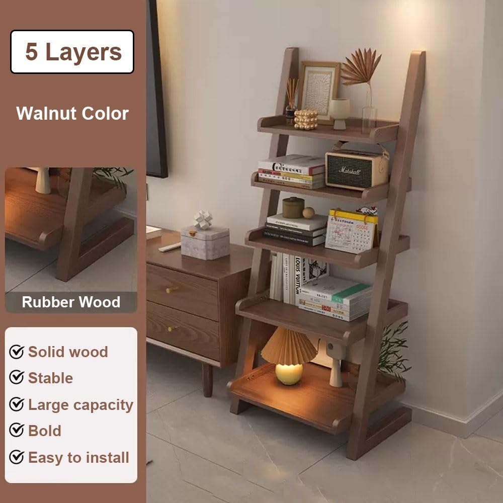 23.6x11.4x55in Ladder Bookshelf L-Shaped Leaning Bookcase Heavy Duty Solid Wood Floor Standing Storage Shelving Unit 5-Tier Bookshelves Shelf Organizer(Walnut)