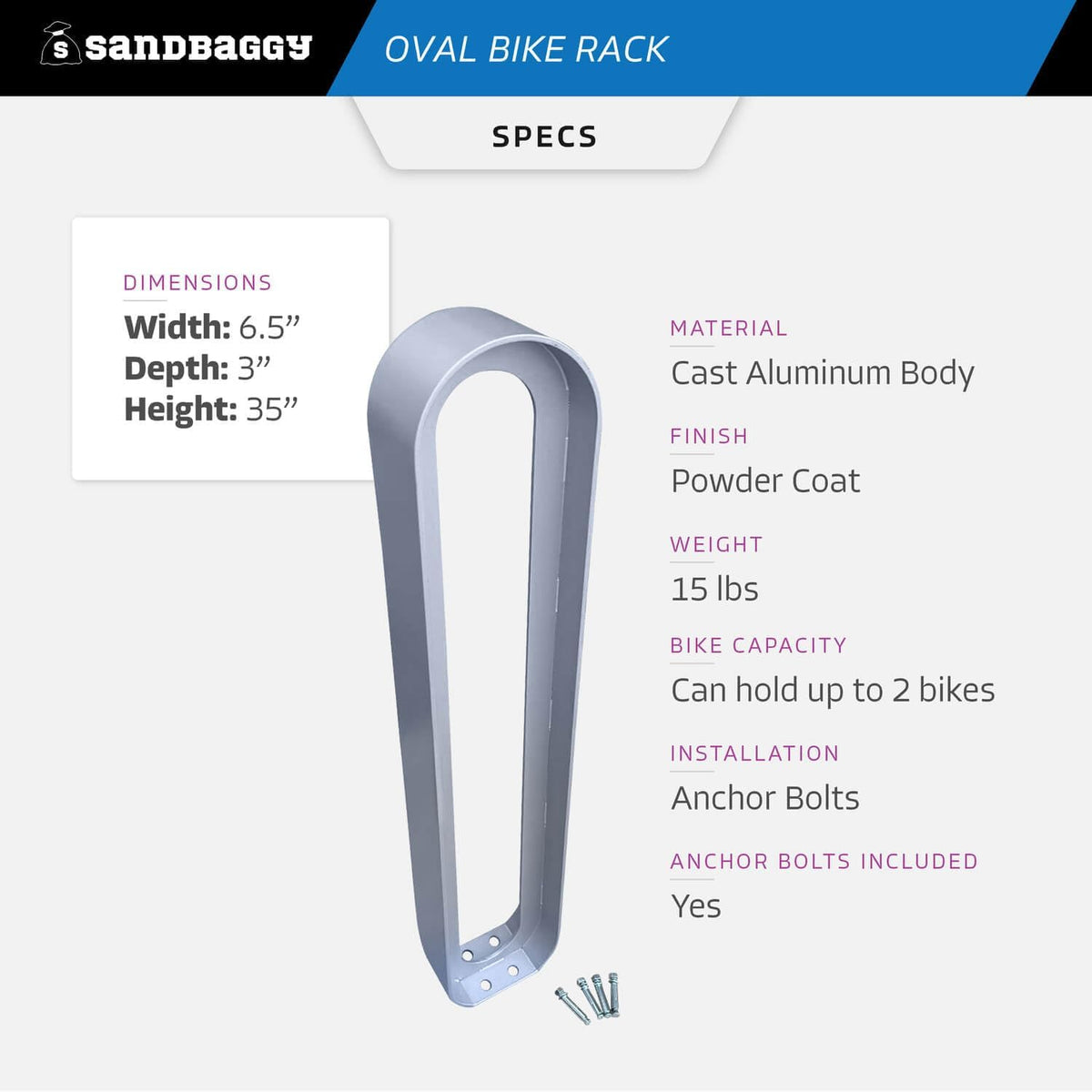 Sandbaggy Oval Bike Rack | In-Ground Installation (Anchor Bolts Included) | Modern, Commercial, Outdoor - Gray (1, 6.5” x 3” x 35”)