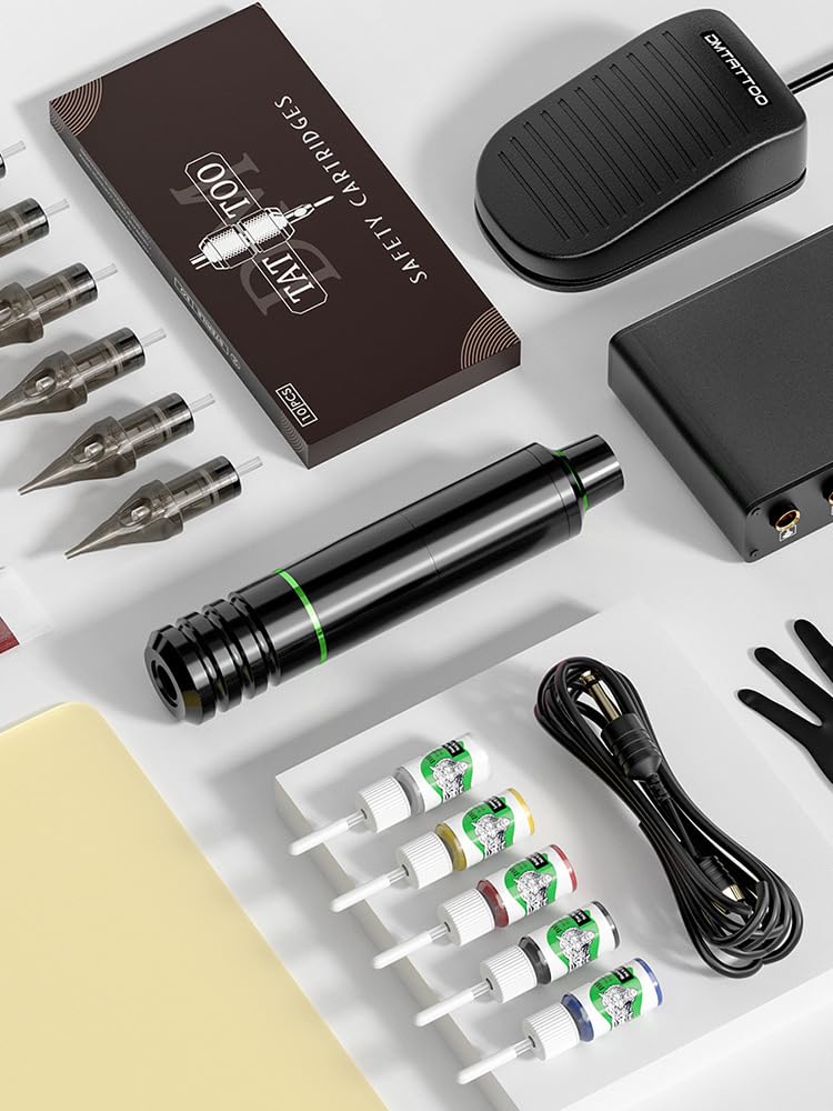 Rotary Tattoo Machine Kit with Tattoo Pen Power Supply 10 Cartridges 10 Color Bottles Foot Pedal for Professional Tattoo Artists Lining and Shading Work,Black