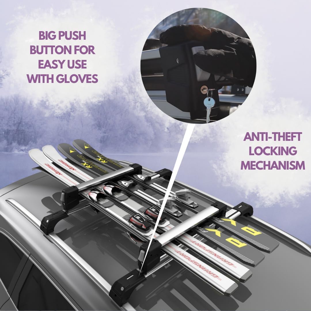 Erkul Ski Rack for Car Roof with Sliding Extension - 35" Universal Ski & Snowboard Rack with Lock | Holds 6 Pairs of Skis or 4 Snowboards - Fits All Types of Cross Bars-Black