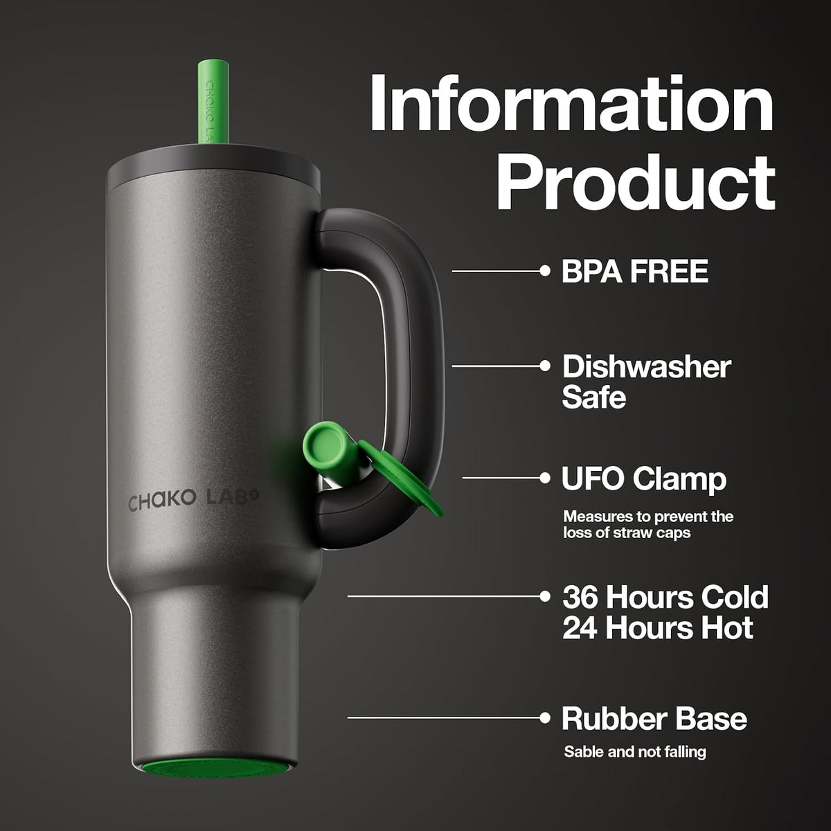 CHAKO LAB BaWang Insulated Tumbler | Tumbler with Handle and Straw 33oz | Cup Holder Friendly for Travel | Leakproof Water Bottle | BPA-Free | Midnight