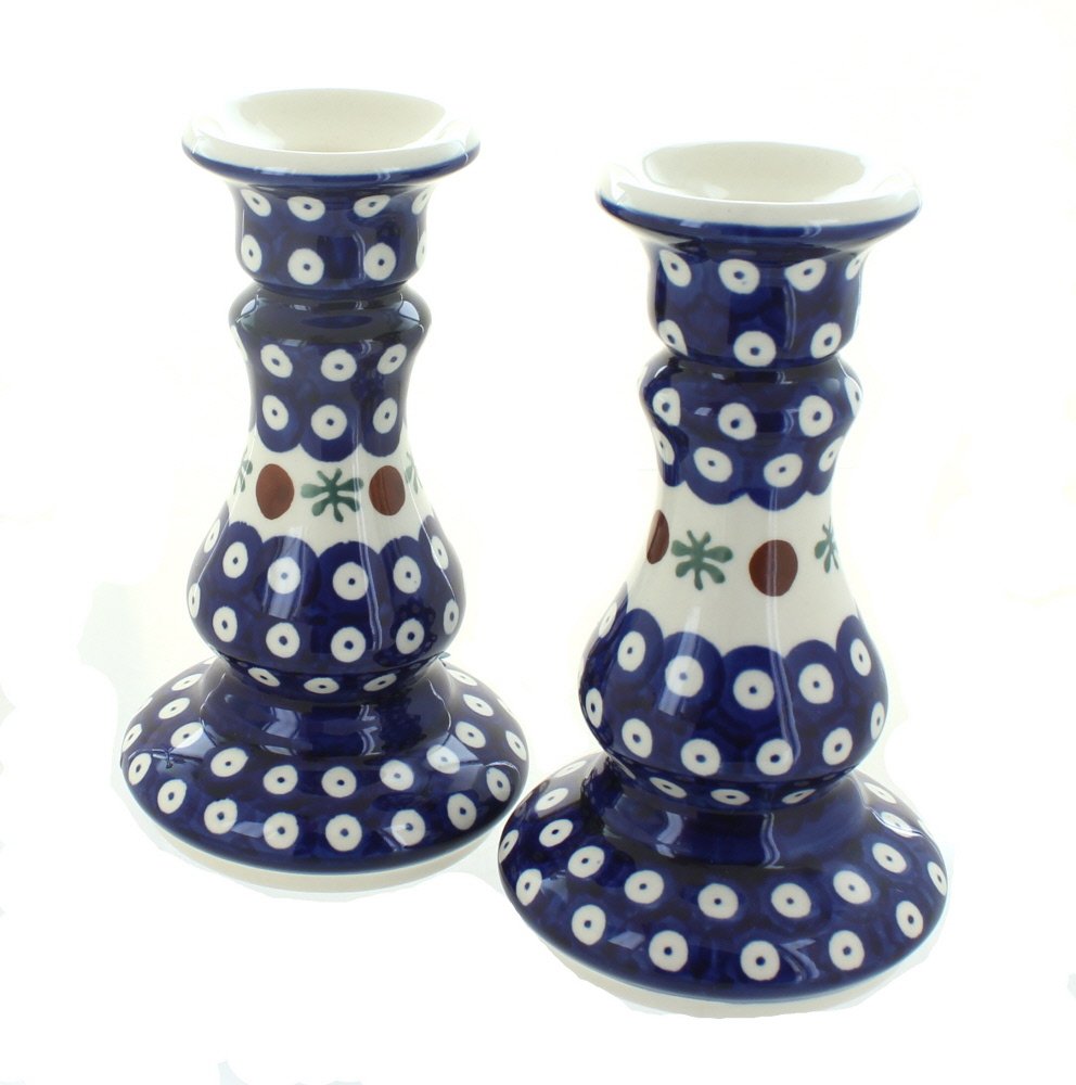 Blue Rose Polish Pottery - Green Mosaic Flower Candlestick Pair - 8" Tall - Hand-Painted Polish Pottery Ceramic Candle Holders