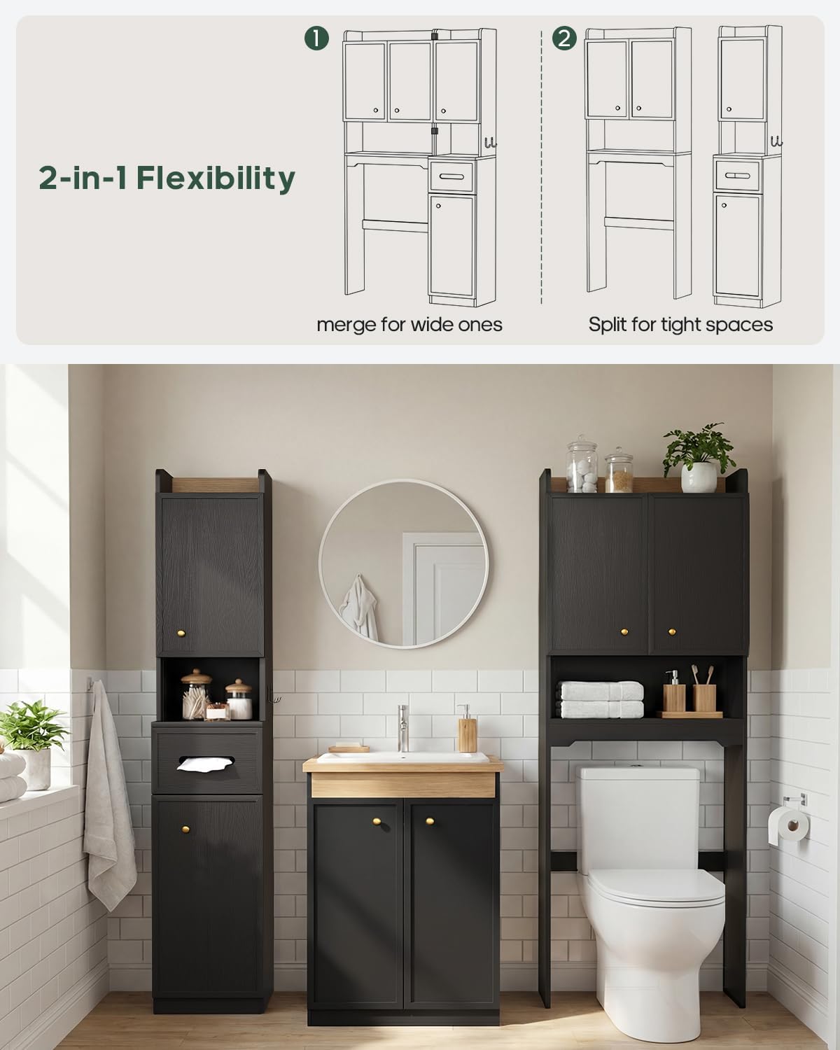 7-Tier Over Toilet Storage Cabinet, 2-in-1, Separable Bathroom Storage