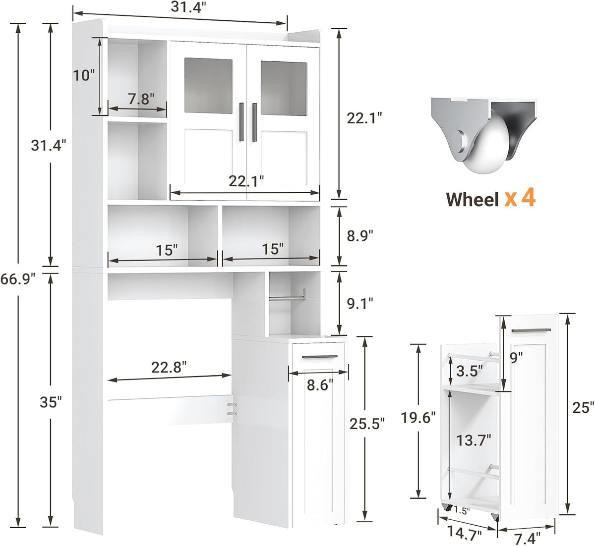ELYKEN Over The Toilet Storage Cabinet with Acrylic Doors & Pulley, White