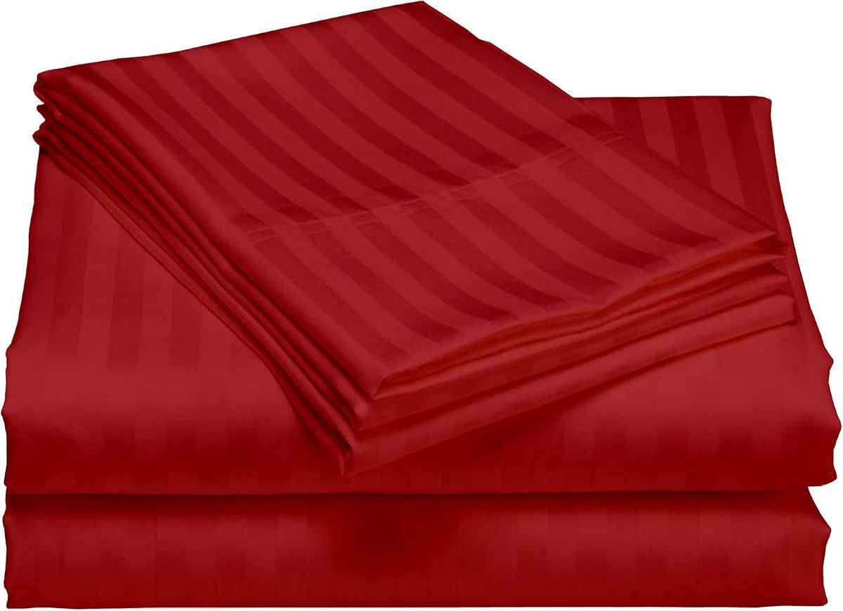 USA Full XL Sheet Set in Burgundy Stripe 400 Thread-Count 100% Egyptian Long Staple Cotton, Sateen Weave for Soft and Silky Feel, Breathable 4-Piece Bedsheet, Elasticized 24'' Extra Deep Pocket