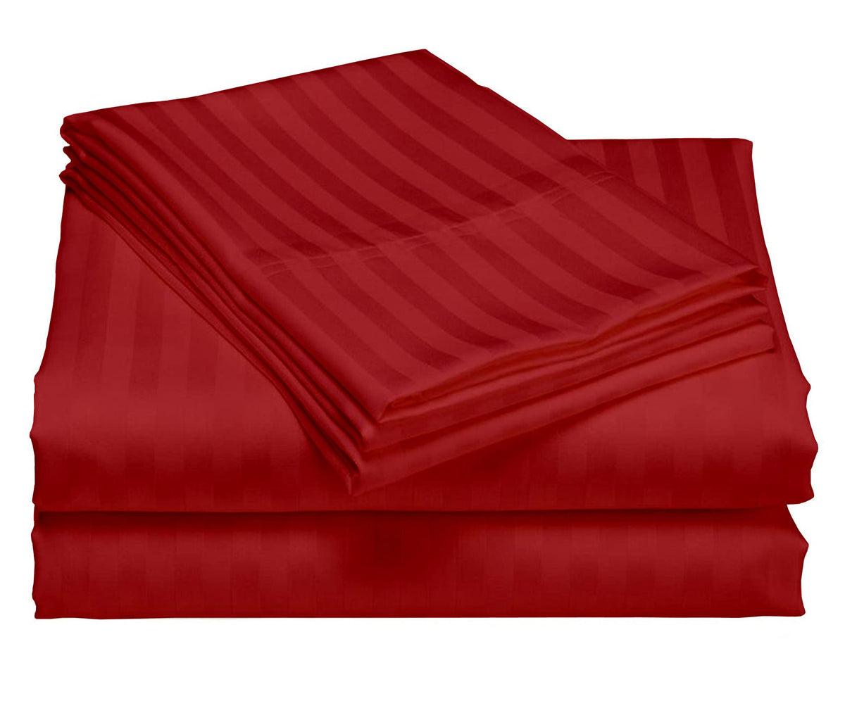 USA Full XL Sheet Set in Burgundy Stripe 400 Thread-Count 100% Egyptian Long Staple Cotton, Sateen Weave for Soft and Silky Feel, Breathable 4-Piece Bedsheet, Elasticized 24'' Extra Deep Pocket