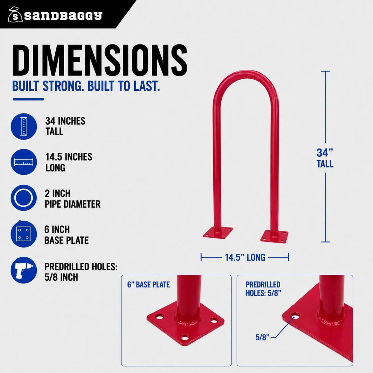 Sandbaggy U Shaped Bike Rack - Outdoor, Commercial - Steel - Surface/Ground Mounted (1, Red)