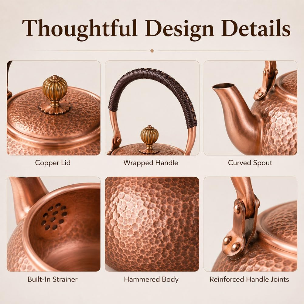 Handmade Copper Stovetop Teapot Kettle, Solid Copper Tea Kettle with Vintage Hammer Design, Thickened Household Boiling Teapot for Induction, Electric, Easy to Clean (B*1500ML)