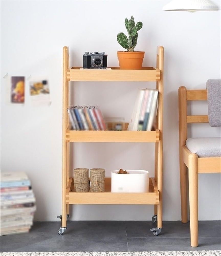 3-Tier Floor Bookcase, Solid Wood Ladder Shelf with Wheels, Side Table for Living Room, Craft Cart Fit in Kitchen, Narrow Space, Ladder Bookshelf with Handle(Yellow)