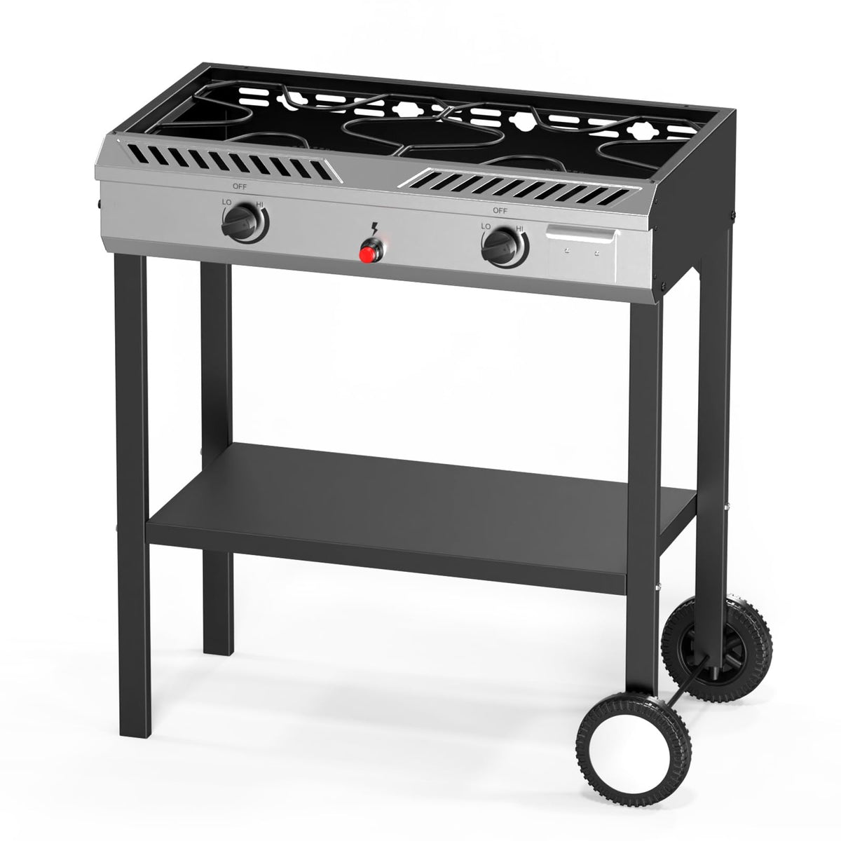 Bonnlo 2-in-1 Propane Stove and Griddle, Iginition Outdoor Gas Cooker with Storage Shelf and Portable Wheels, 2 Burner Camping Stove with 150000BTU Output for Backyard Cooking BBQ Frying and Boiling