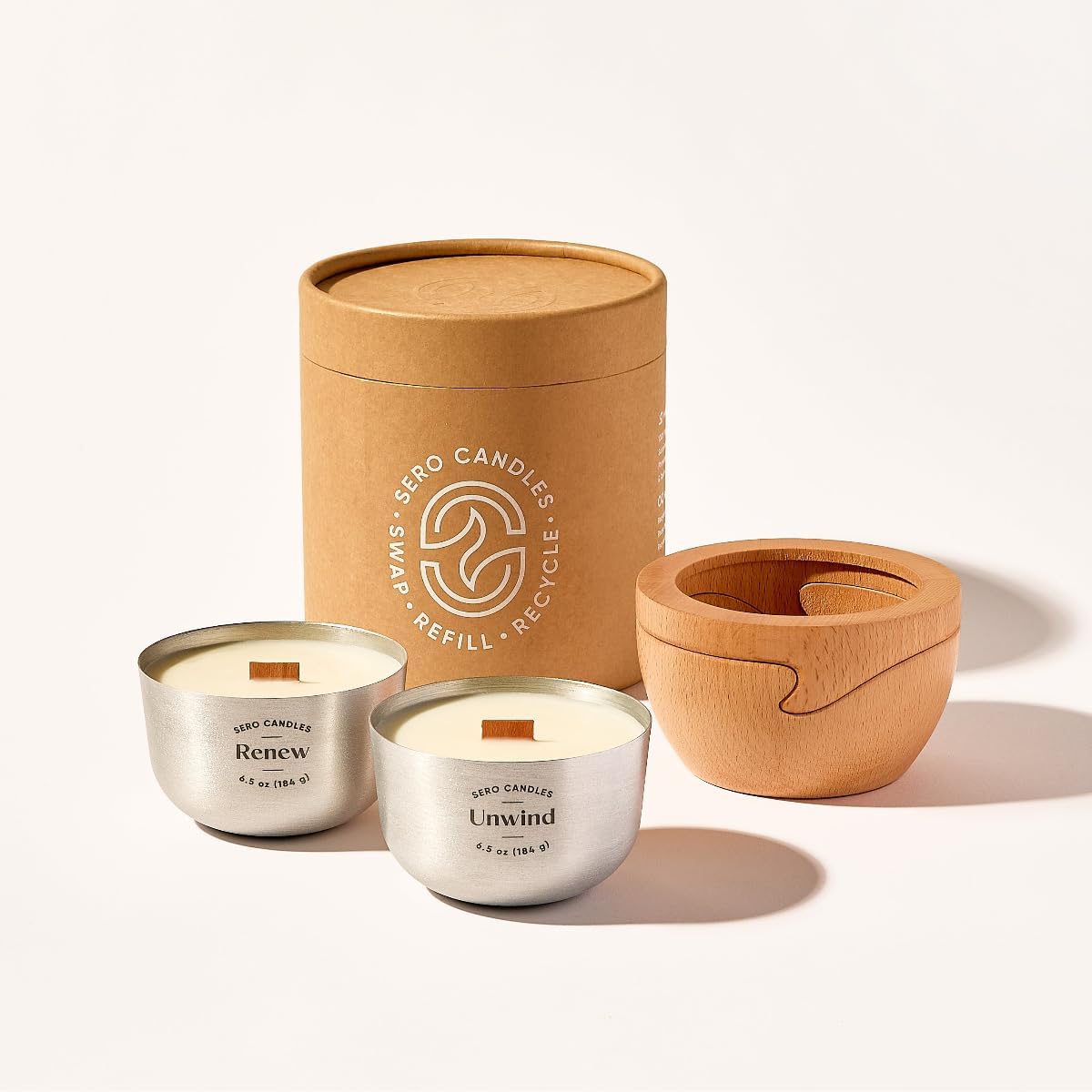 Refillable Coconut Soy Candle Gift Set | Reusable Wood Container + 2 Recyclable Refills (6.5 oz) | Unwind x2 | Non-Toxic Crackling Wood Wick