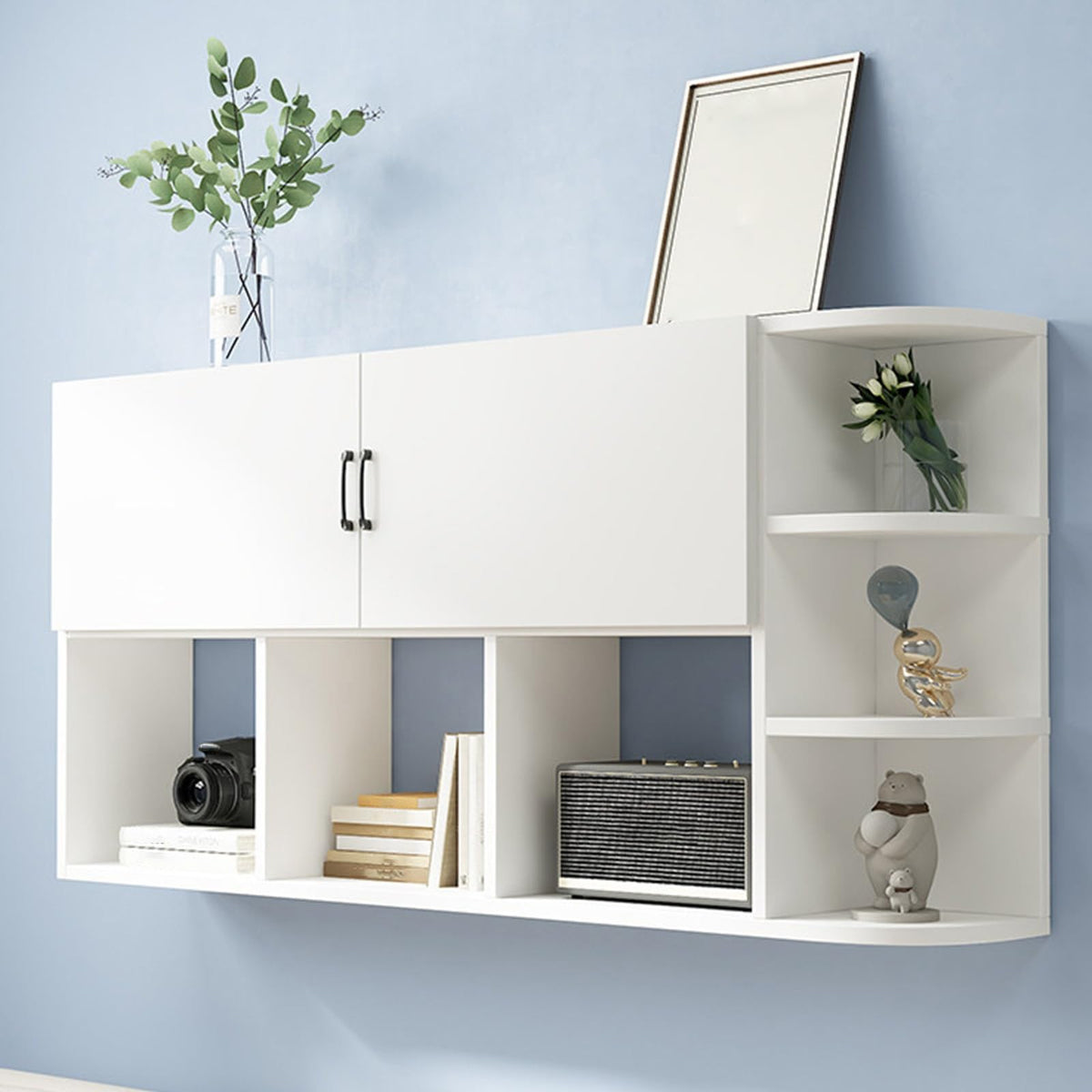 Floating Wall Storage Cabinet, Wall Mounted Bookshelf with Cabinet Doors and Open Shelving, Corner Wall Organizer for Bedroom Living Room Home Office(Black,120x65cm/47.2x25.6in)
