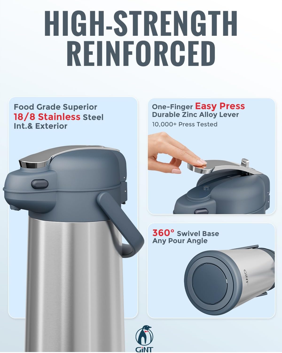 GiNT 101oz Airpot Coffee Dispenser with Pump, Insulated Coffee Carafe for Hot Liquids, Stainless Steel Vacuum Insulated Pump Dispenser for Hot/Cold Beverages, Home Office Commercial Outdoor Use(3L)