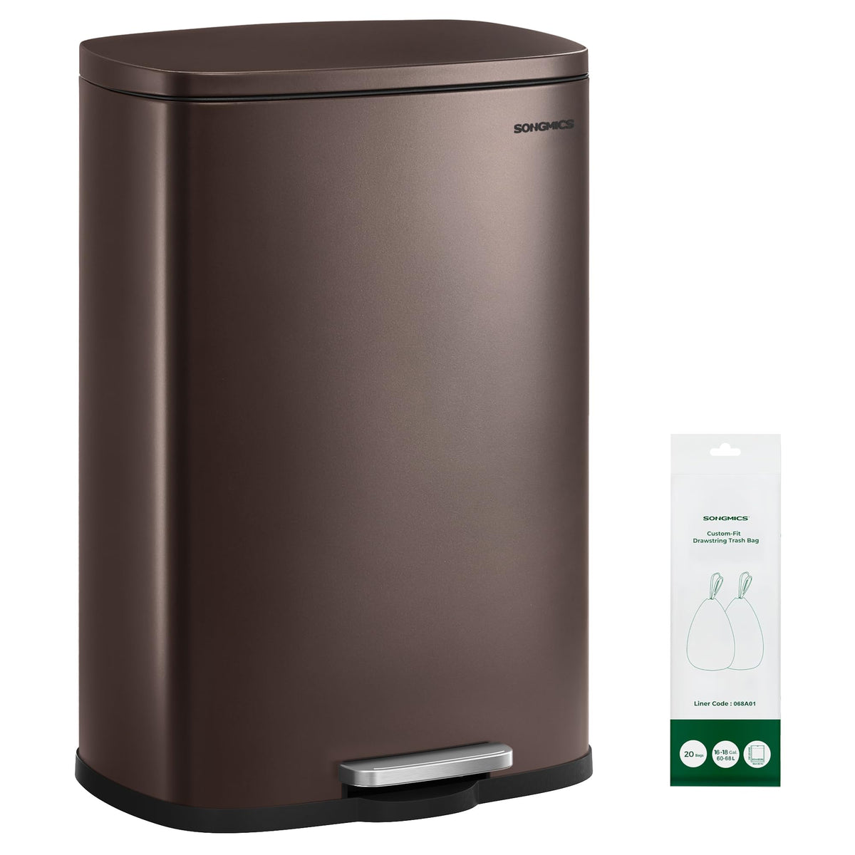 SONGMICS 20 Gallon (75 L) Trash Can, Stainless Steel, Step-On Pedal
