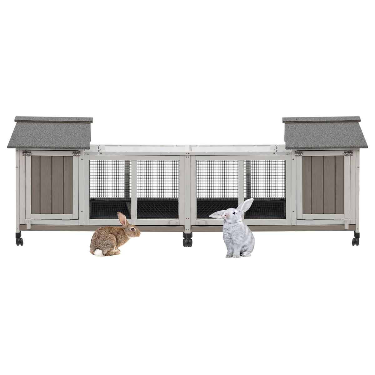 2-Story Rabbit Hutch Indoor & Outdoor, Large Bunny Hutch with 3 Pull-Out Trays, 6 Lockable Wheels, Wooden Rabbit Cage with Asphalt Roof & 6 Accesses for 2-4 Rabbits, Backyard, Home, Patio