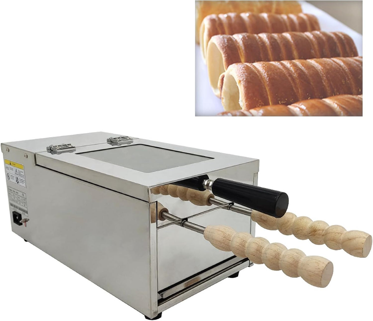 TECHTONGDA Chimney Cake Machine Oven Electric Chimney Bread Roll Maker, Commercial Ice Cream Cone Maker with 2 Stainless Steel Molds and Wooden Handles for Bakery Family Kitchen 110V