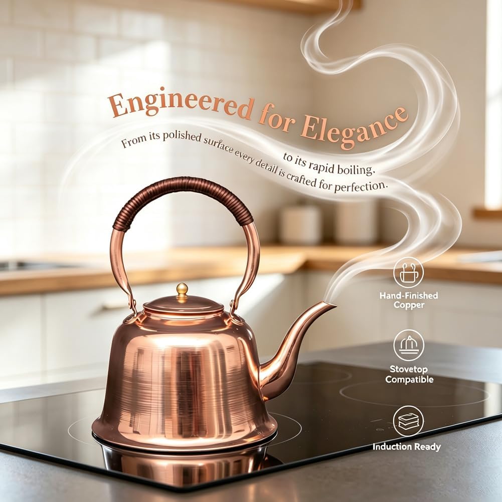Solid Copper Tea Kettle for Stove Top, 1000ml Fast Boiling Vintage Copper Teapot, Easy to Clean Water Kettle for Induction, Gas & Electric Stoves